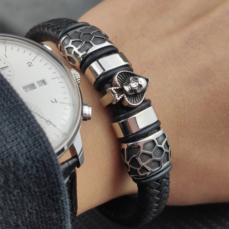 Men's Braided Leather Skull Bracelet