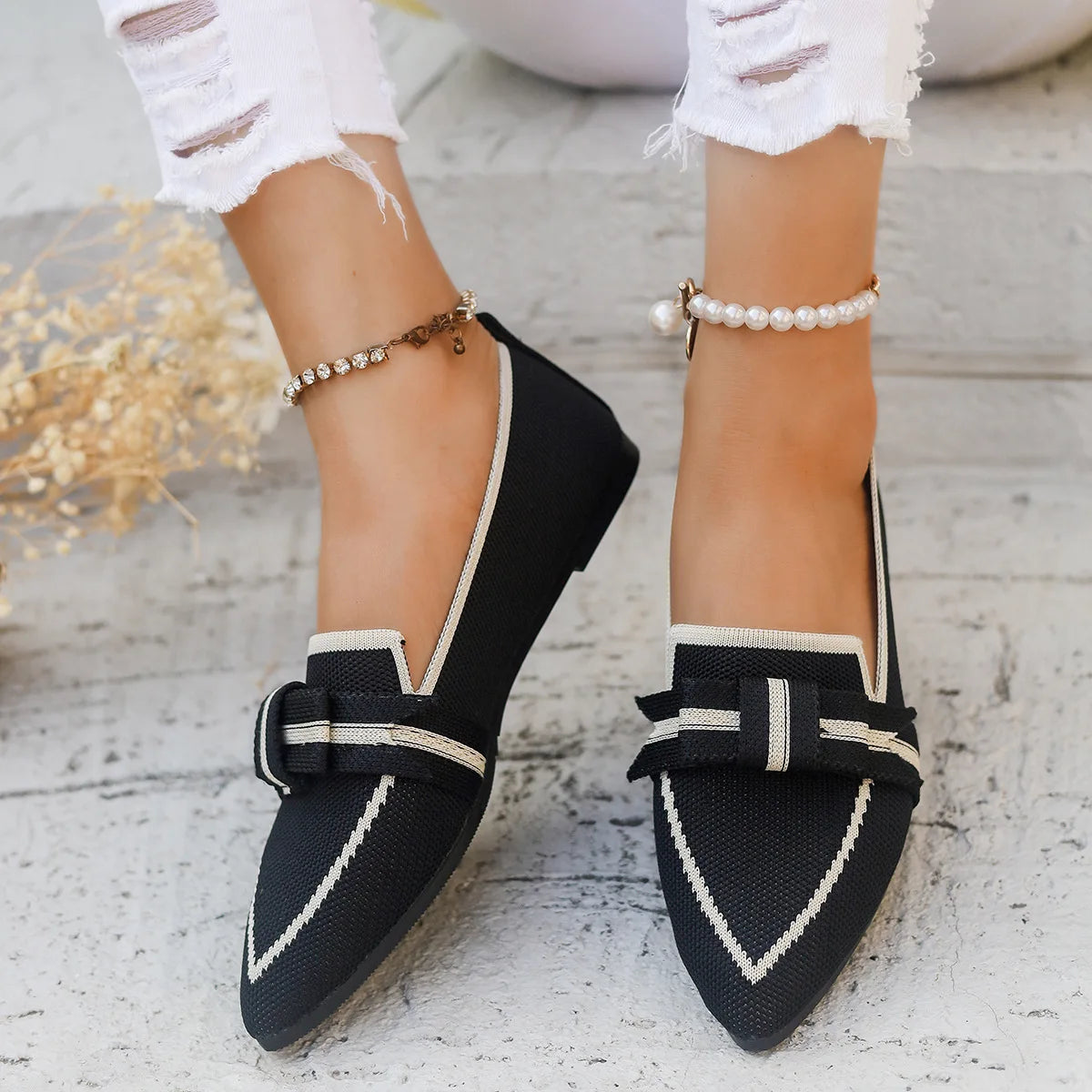 Women's Brown Knitted Bow Flats